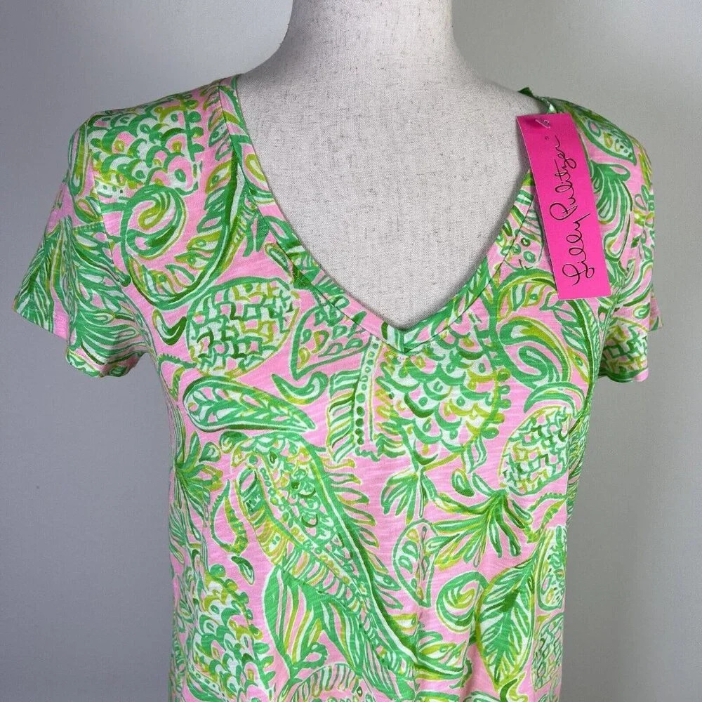Lilly Pulitzer Madevilla Baby Top NWT XS Green Tropical Pineapple‎ Short Sleeve - Picture 5 of 12